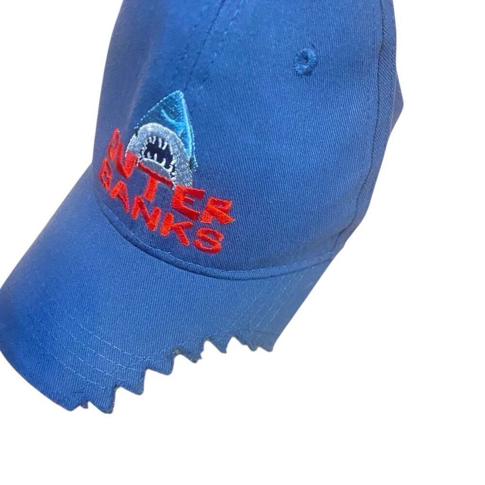Outer Banks hat, blue, red, shark, jagged bit edge, baseball hat